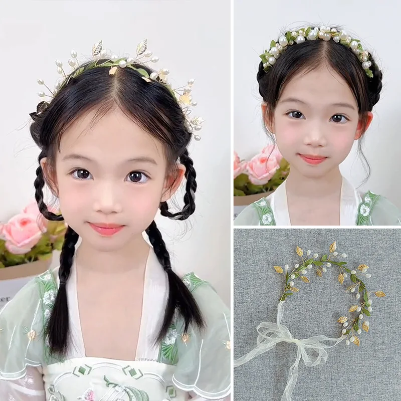 Girl Temperament Forest Style Green Leaves Pearl Flowers Looped Hair with Snow Gauze Braided Hair Accessories Fresh Headband