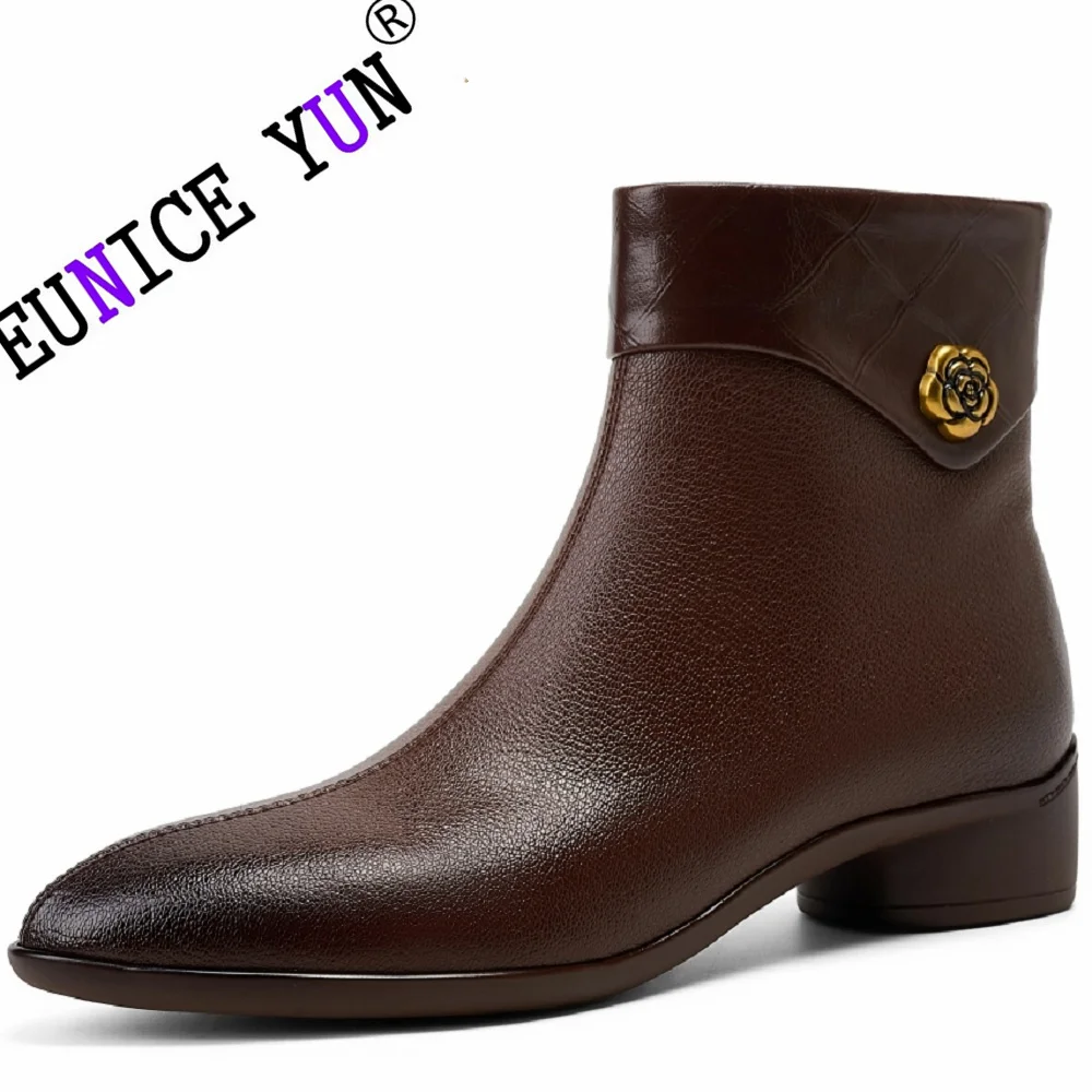 

【EUNICE YUN】Handmade Genuine Leather Temperament Fashion Short Women's Boots French Small Ankle Boots High Heel Boots 34-40