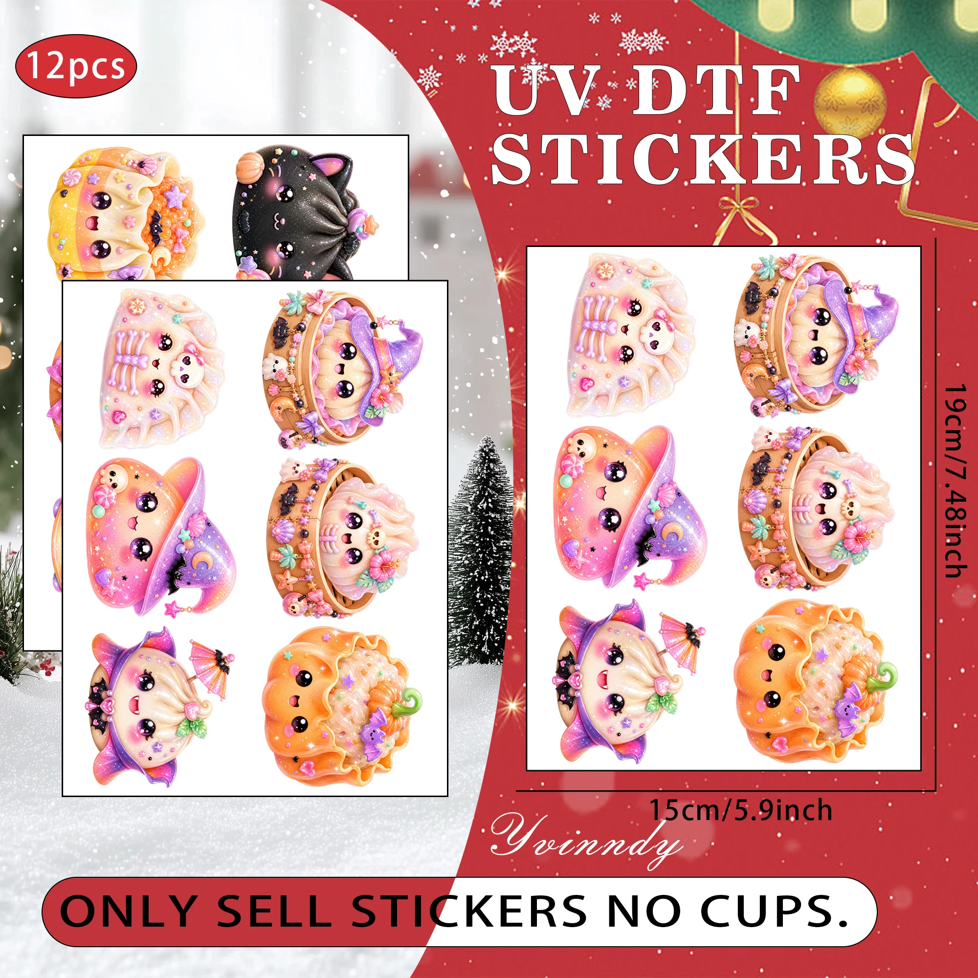 12pcs/set Kawaii Spooky Dumplings DIY UV DTF For Mugs Printing Waterproof Self-adhesive UV DTF For 16oz Glass Can Wrap