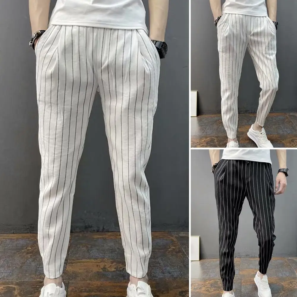 Men Harem Pants Striped Drawstring Elastic Waist Trousers Streetwear Spring Autumn Stretch Ankle Tied Pencil Pants Daily Wear