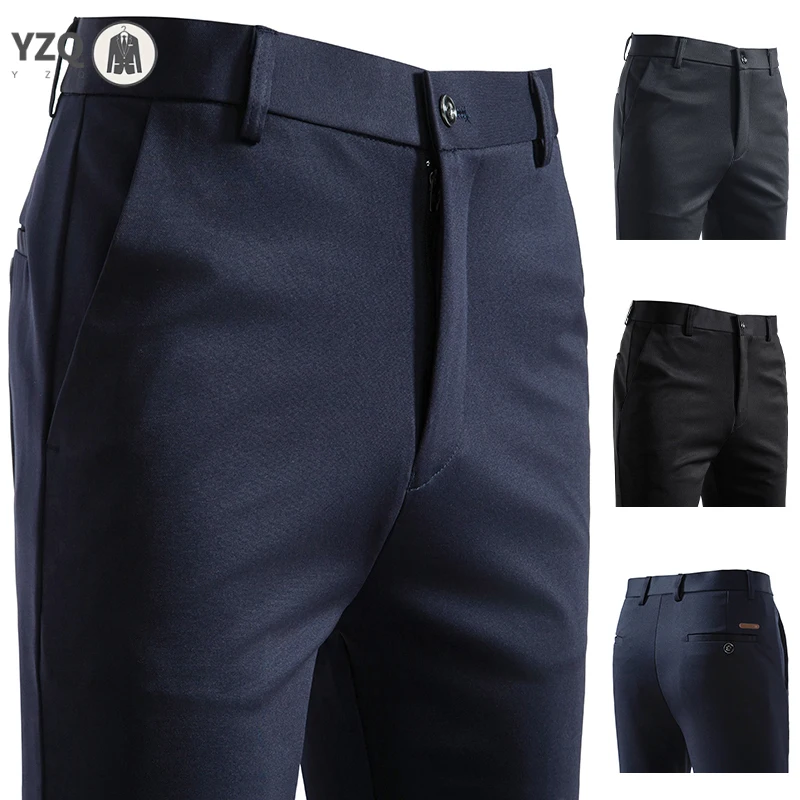 Comfort Fit Male Formal Suit Slacks Wear Resistant Smooth Texture Elastic Cut Leather Tag Business Travel Versatile Long Pants
