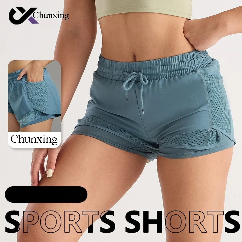 Shorts esportivos finos de secagem rápida, bolso reticulado, emenda, yoga, corrida, esportes, mulheres, verão, secagem rápida, roupa externa