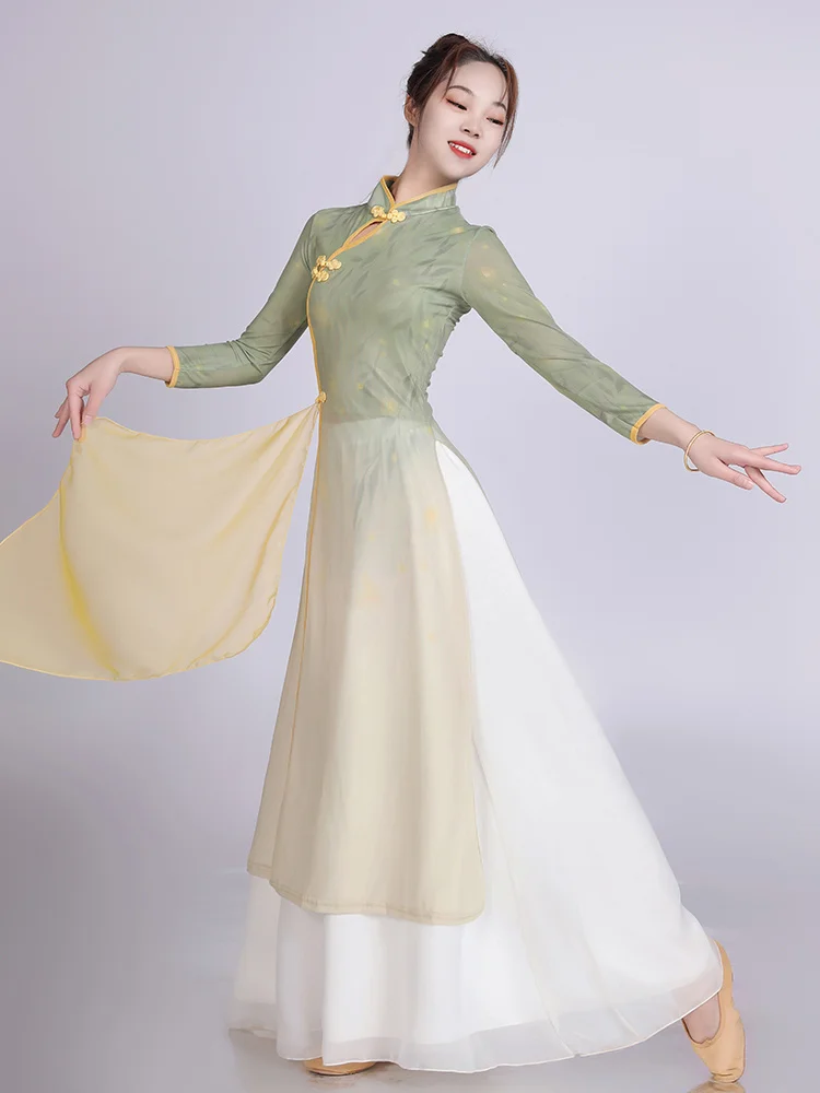 Klassisches Tanz kleid, Performance-Anzug, atmungsaktives Gaze-Cheong sam im Chinoiserie-Stil für Damen, Hose mit weitem Bein, Performance-Kleid