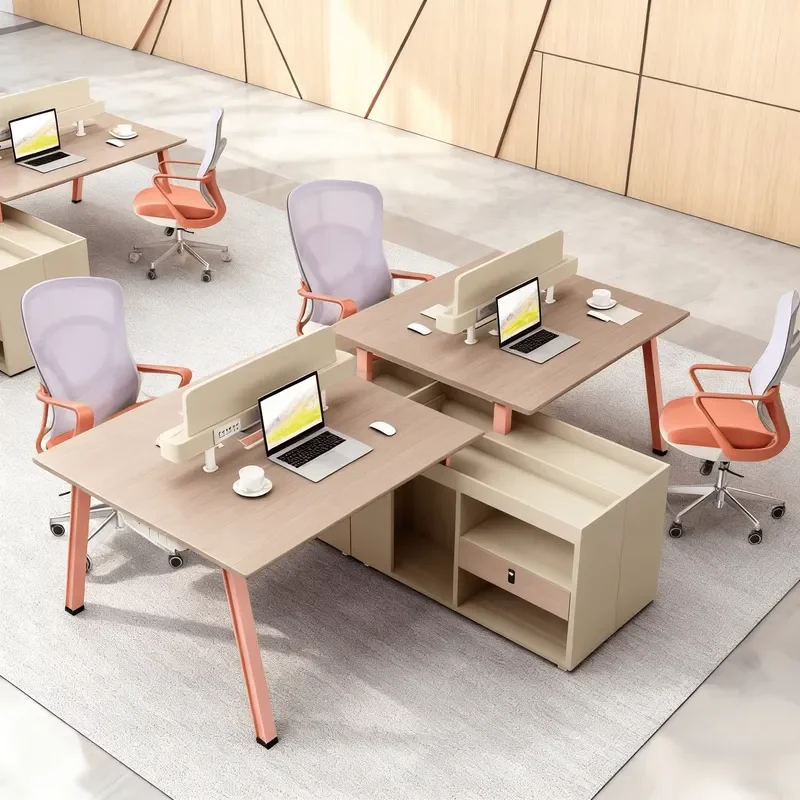 Modern Durable Commercial Desk for 4 People with Shelving Drawers Partition Panels Wooden Luxury Design Office Workstation