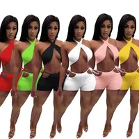 Sexy Cross Hanging Neck Top And Belted Shorts Two-Piece Set Fashionable Independent Station Cross-Border Women's Wear