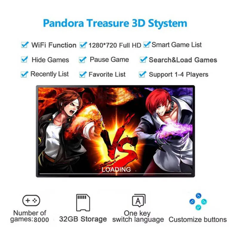 GWALSNTH 3D Pandora Box TT Arcade Game Console, 8000 HDMI Video Games with WiFi Function, Search/Save/Hide/ Pause Games 1-4