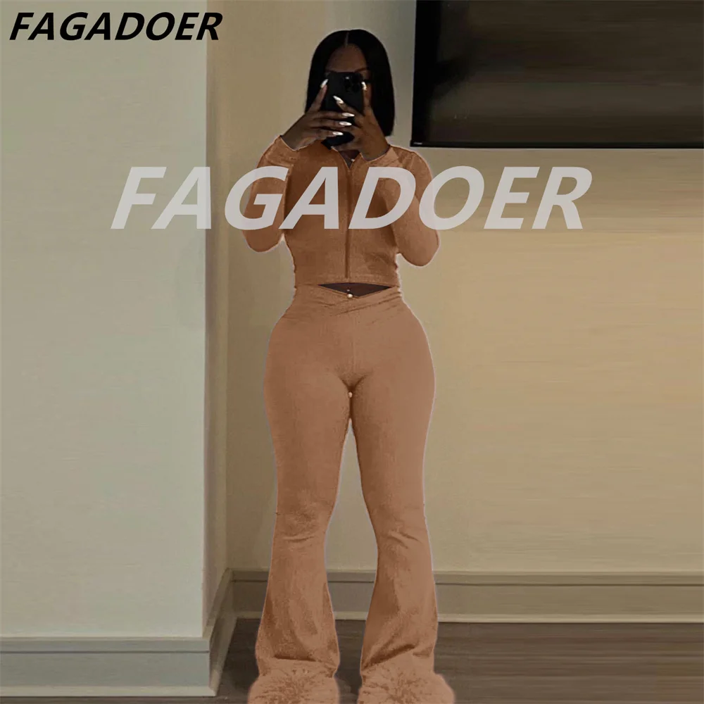 FAGADOER Autumn Winter 2 Piece Sets Women Outfit Solid Zip Crop Top And High Waist Stretchy Flare Pants Fashion Suits Streetwear