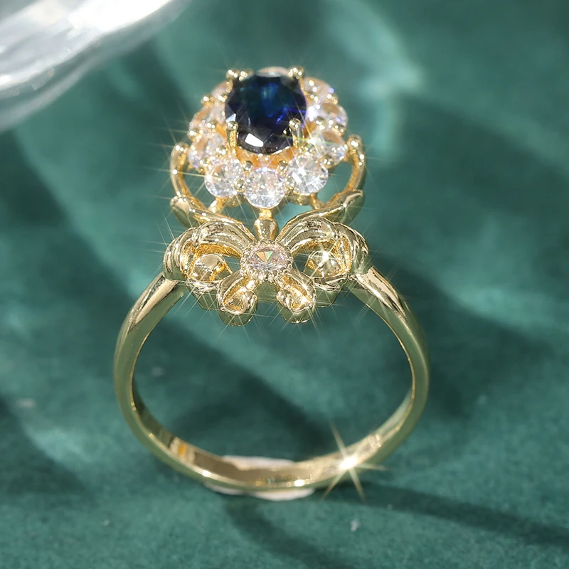 Wunderschöner goldfarbener, mit weißen und blauen CZ-Steinen besetzter Damenring, geometrischer Schmuck für den täglichen Gebrauch und Partys – Detail 3