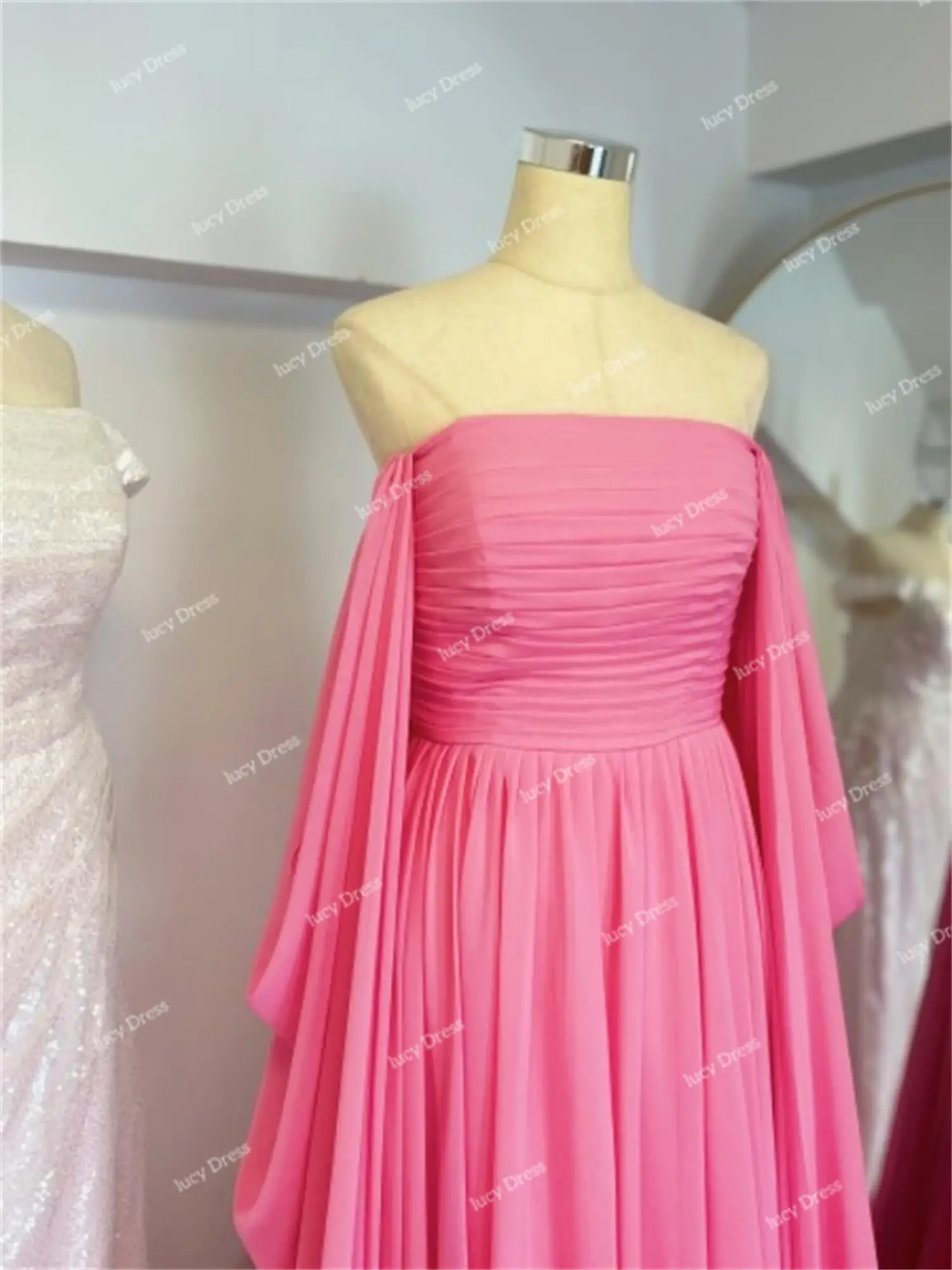 Elegant Evening Dresses for Women Customized Reunion Mesh Long Wedding Party Dress Es Shoulder Sleeve Bridesmaid Pink Graduate