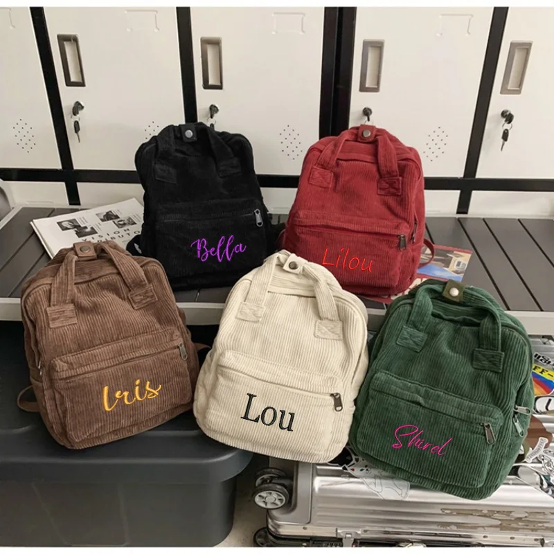 Corduroy Embroidered Name Backpack For Female High School Students Retro Backpack, Simple And Aashionable Portable Backpack