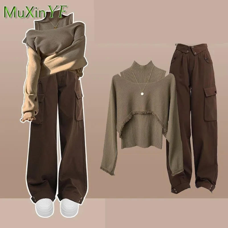 Women\'s 2024 Autumn/Winter New Cargo Pants Matching Set Korean Elegant Vintage Knit Hoodie+Vest+High Waist Trousers 3-Piece Suit