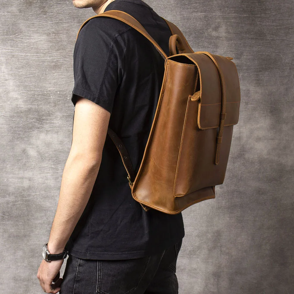 S.WORKER Vintage Echtleder 14" Laptop-Rucksack Herren Casual Preppy Schultasche Crazy Horse Rindsleder Tasche – Detail 4