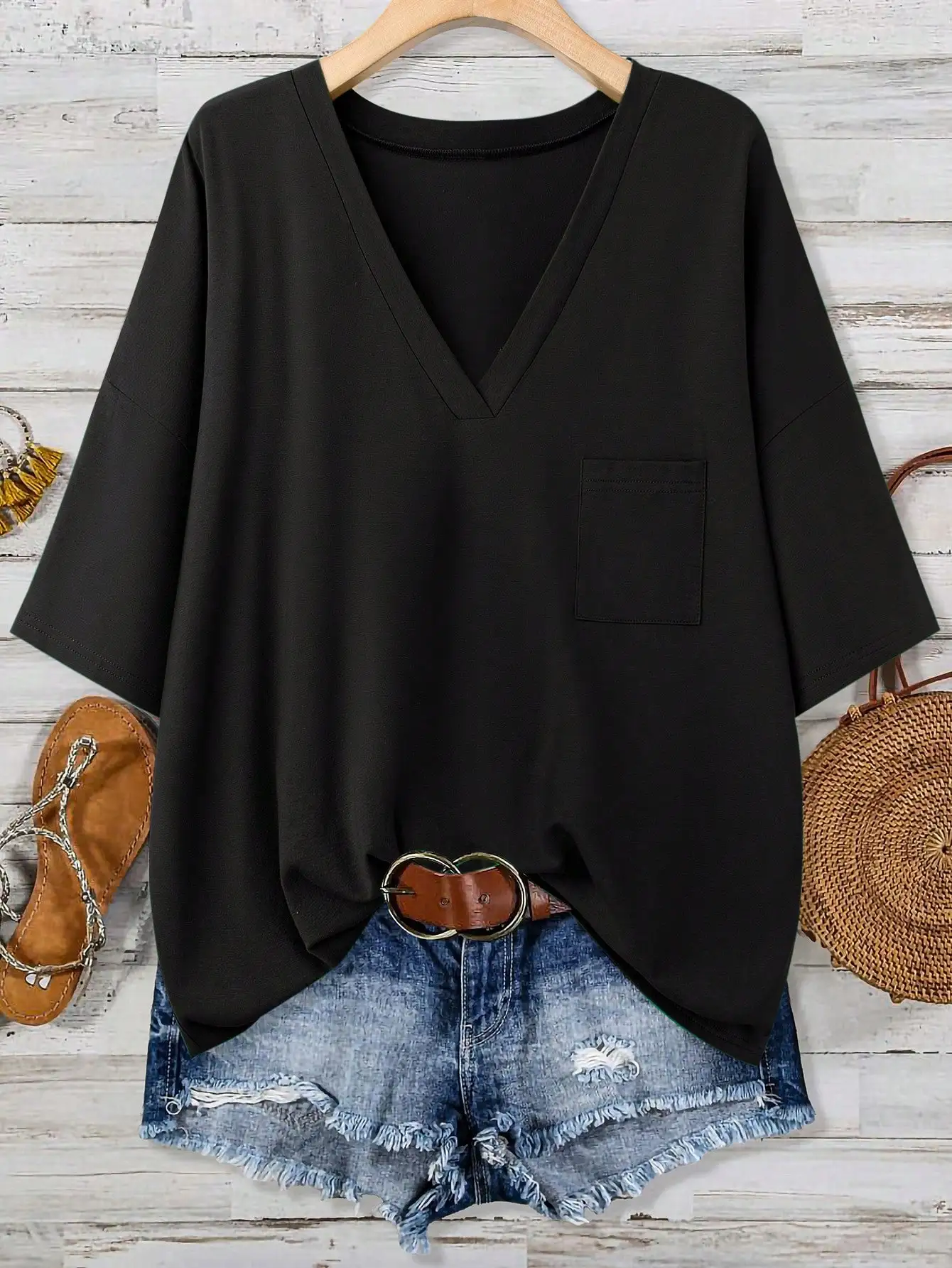 New style fashionable deep V-neck versatile solid-color short-sleeved women's T-shirt