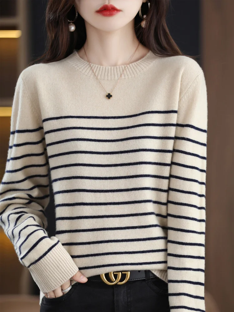 Damskie swetry jesienno-zimowe O-neck dzianina w paski moda z długim rękawem luźne swetry damskie Casual koreański styl nowe topy