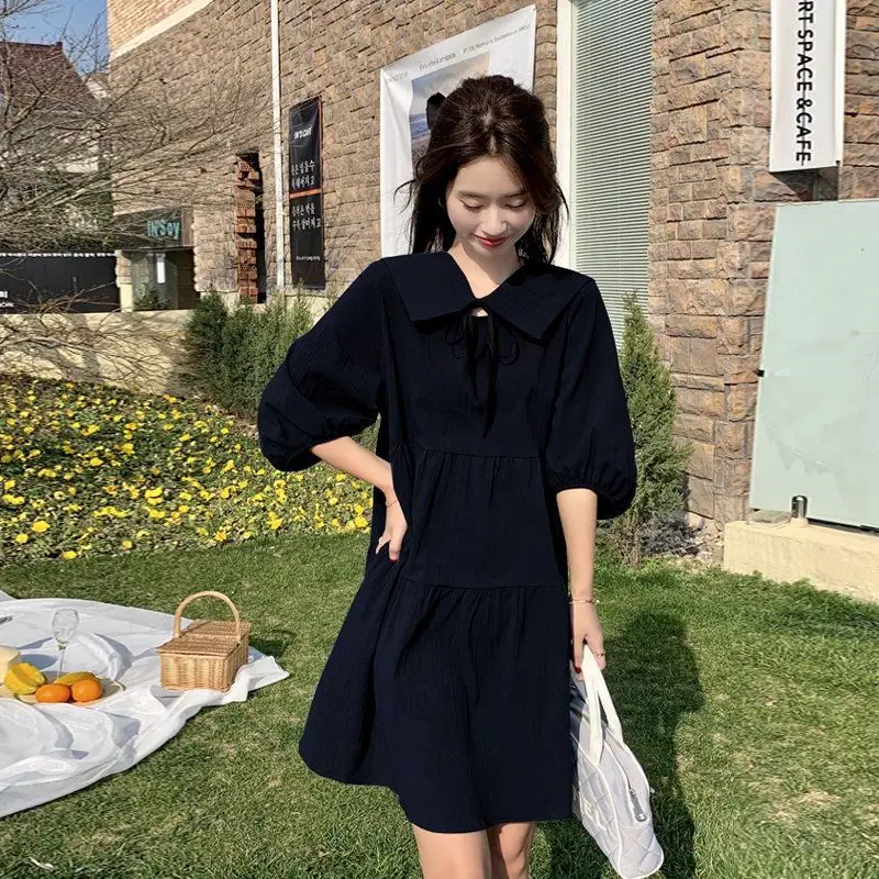 Vintage Pleated Lacing Loose Mini Dress Summer New Half Sleeve Solid Color Sweet Casual Dresses Fashion Korean Women Clothing