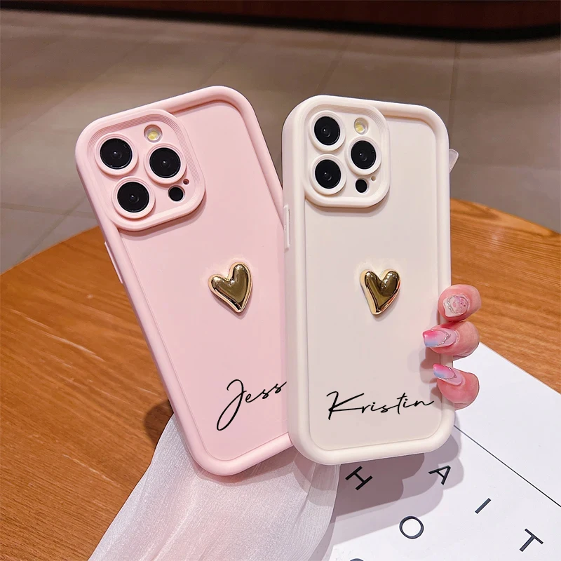 Personalized Customized Name Silicone Soft 3D Gold Heart Candy Case For Iphone 16 15 14 13 12 11 Pro Max Cover For 14 15 16 Plus