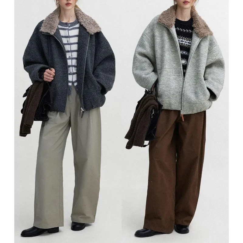 

French Retro Lapel Removable Fur Collar Bat Sleeve Jacket 2025 Autumn and Winter Commuter Jacket