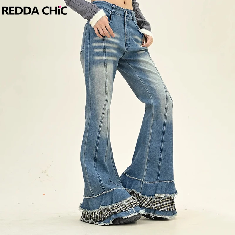 REDDACHiC Stitch Raw Edge Checkered Flare Jeans Women Y2k Kawaii Ruffle Hem Whiskers Bootcut Pants Do Old Vintage Bell Bottoms