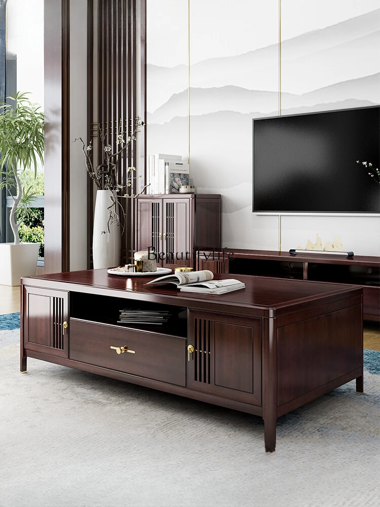 Zen New Chinese Tea Table Combination Modern Solid Wood TV Cabinet Log Ebony Tea Table