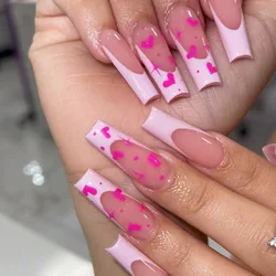 24pcs French Long Square Wearable Press on Nail Pink Heart Star Decoration Fake Nail Art Natural Removable Artificial False Nail