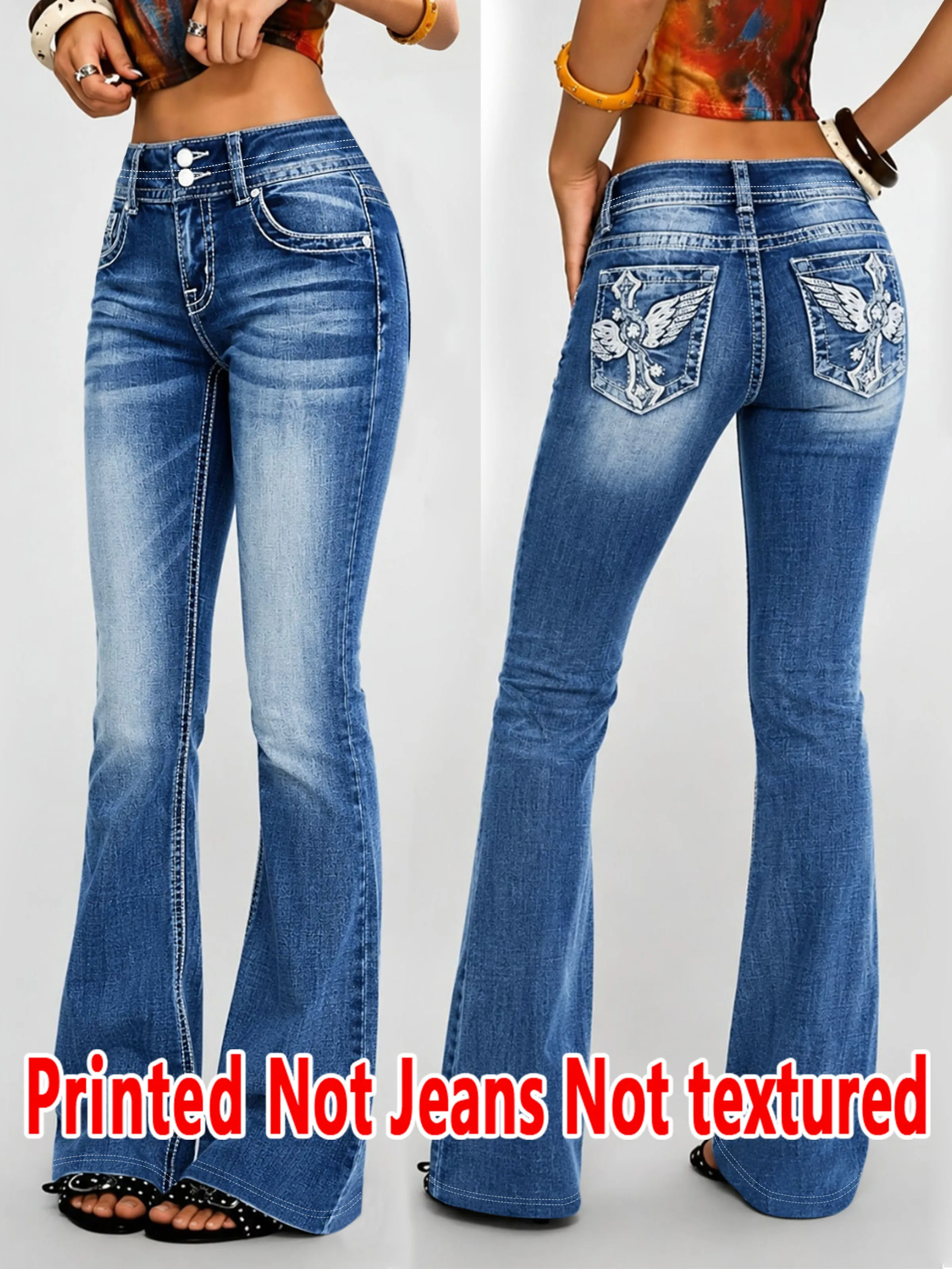 1595  Ladies Non- Denim Floral Print Bell Bottom Pants Texture-Free Simulation Denim Four Seasons Wearable Long Trousers