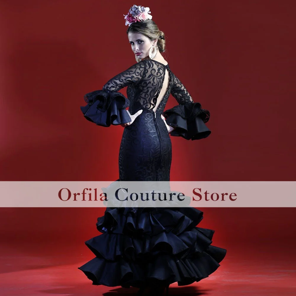 Affordable Flamenco Navy Blue Prom Dress 2025 Mermaid Ruffled Elegant Evening Dress Long Sleeve Formal Vestio De Gala Customized