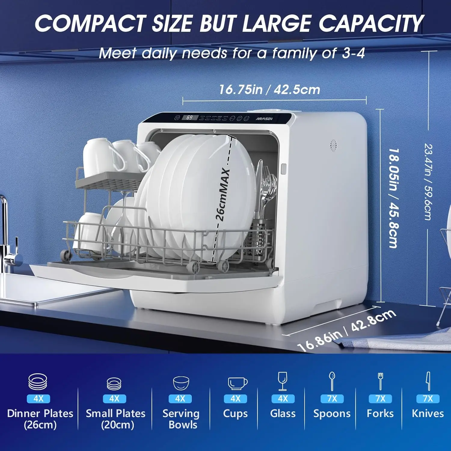 غسالة أطباق منزلية صغيرة أوتوماتيكية بالكامل مع تطهير درجة حرارة عالية وتجفيف الهواء الساخن لـ 5 مجموعات من أدوات المطبخ.