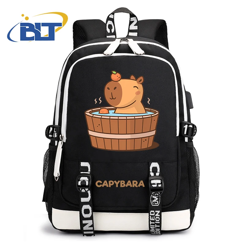 

Cute Animal Capybara Printed Student Schoolbag Youth USB Backpack Black Travel Bag Kids Gift