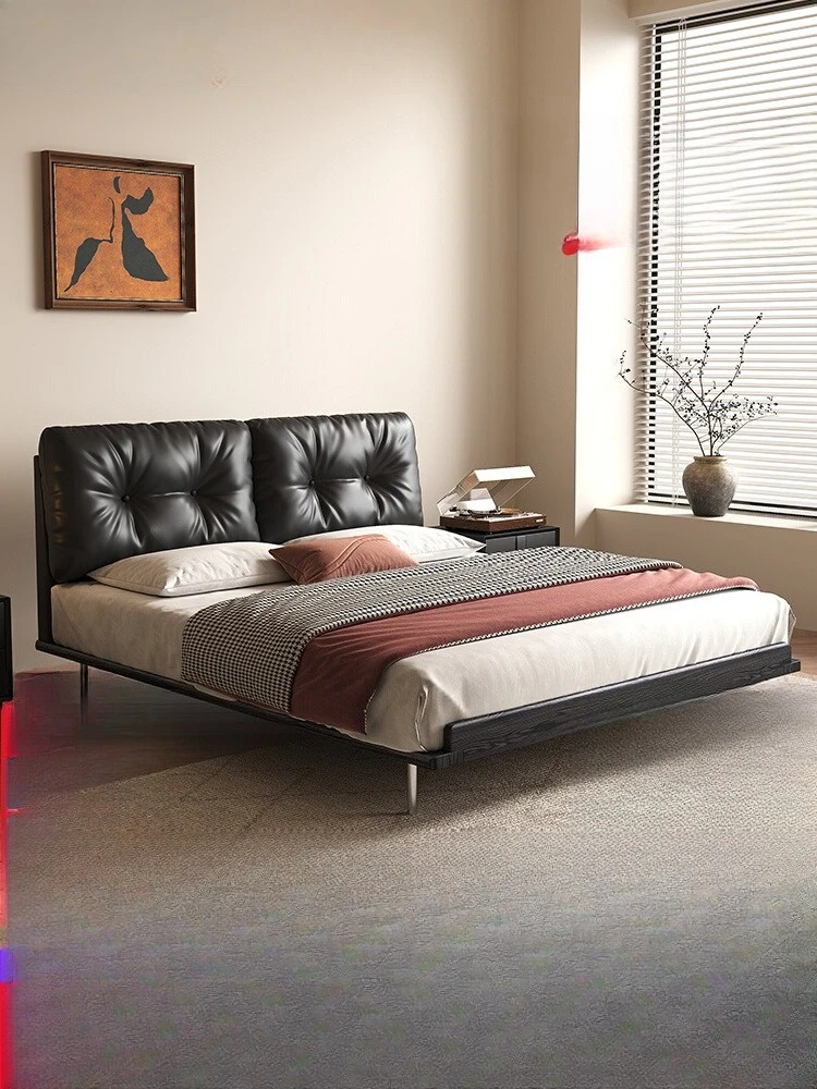 

Кожаная кровать с улыбкой, современная простая главная спальня, элитная атмосфера, ретро, средняя, старинная, из цельного дерева, новая двуспальная кровать