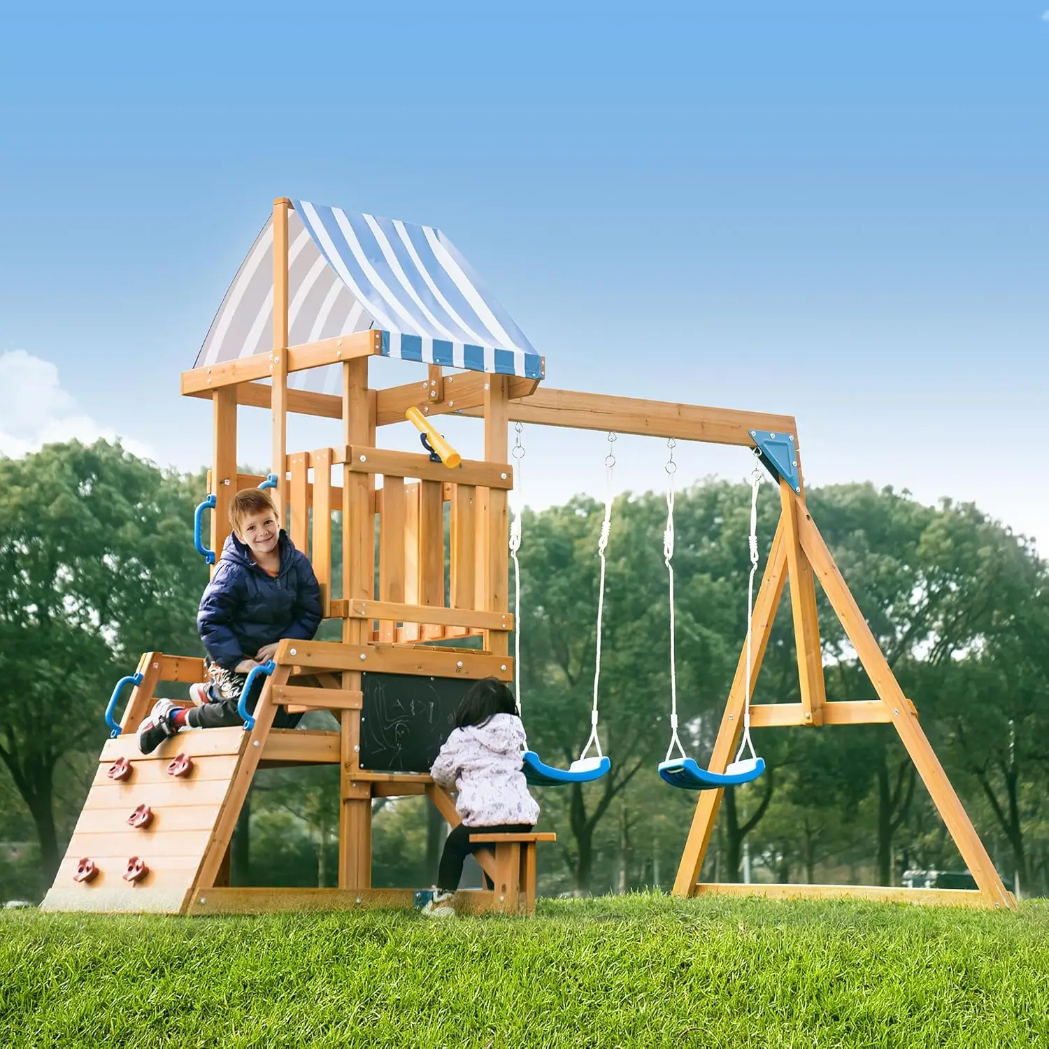 Balançoire en bois pour jardin, équipement de jeu extérieur tout-en-un pour enfants avec balançoires, toboggan, échelle de corde d'escalade, balançoire extérieure Pl