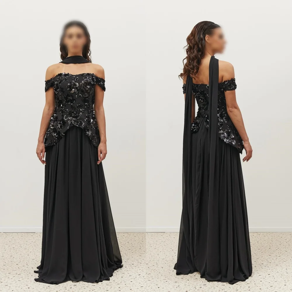 

Customized Chiffon Pleat Sequined Off-the-shoulder Black A-line Long Dresses Bespoke Occasion Evening Elegant Party Wedding