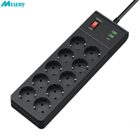 Melery Power Strip Multiple Socket 10 Way Slots Plug Electrical Outlets USB Charge Ports EU Switch 2m Extension Cord Home Office