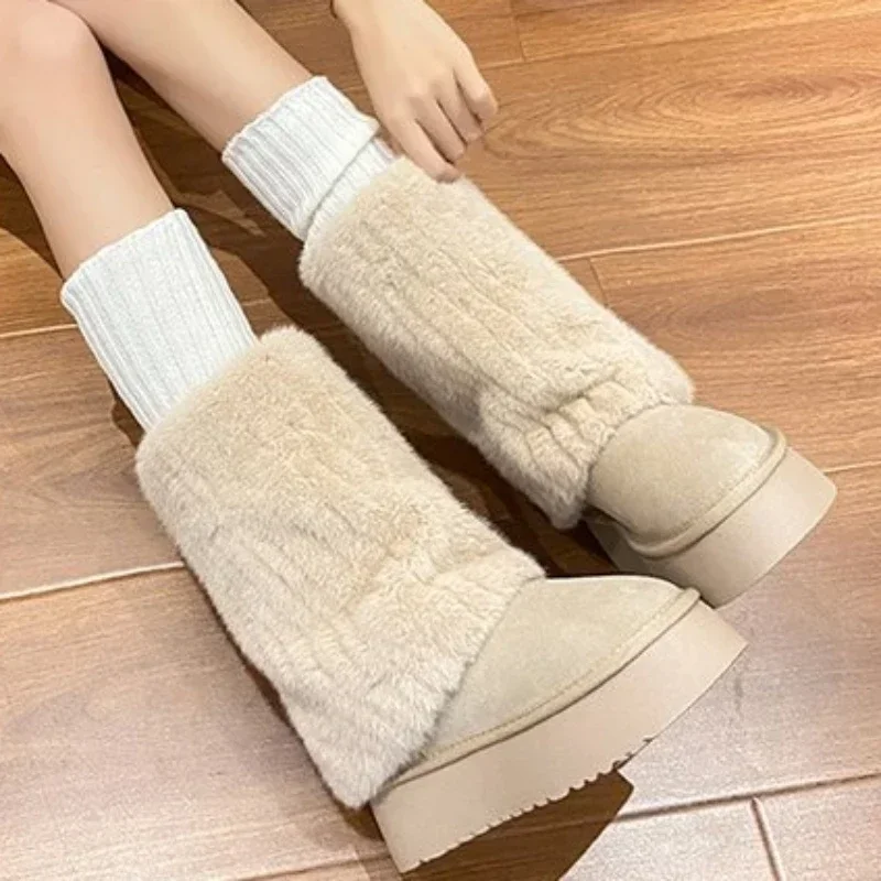 Shoes for Women 2023 New Slip on Women's Boots Winter Round Toe Solid Flock Plush Warm Mid Heel Water Proof Casual Snow Boots