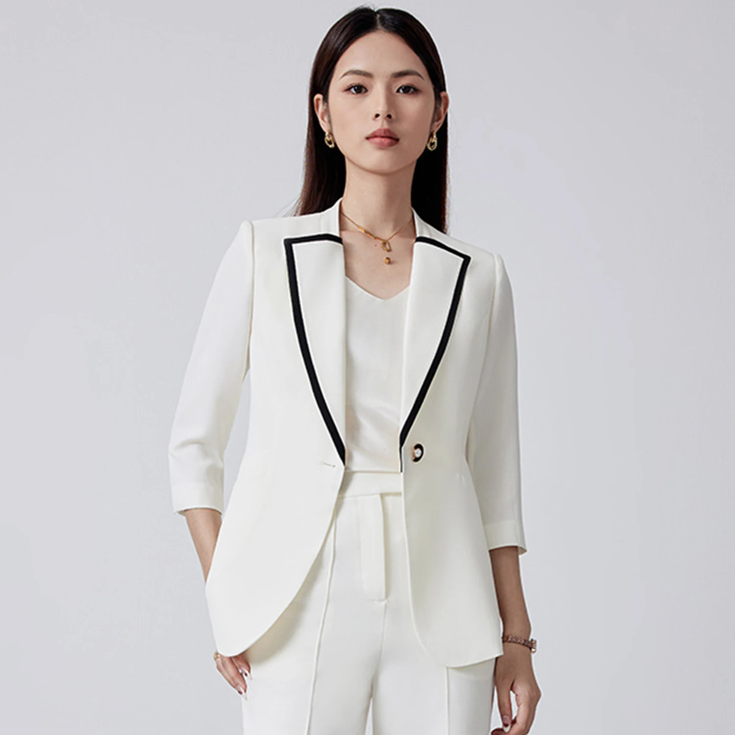 Allingentle White Women's Suit Slim Fit Pantsuit 2 Piece Suit 1-Button Flat Collar Blazer Outfit for Casual Office Customize