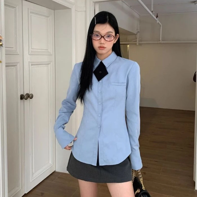 Deeptown Preppy Style Blue Shirts Women Korean Style Blouses with Tie Casual Long Sleeve Slim Cute Tops Basic Japanese Fashion