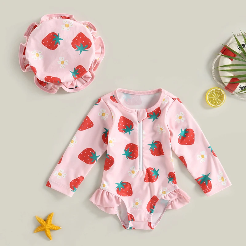 Infant Baby Girl Swimsuit  Long Sleeve Rash Guard Strawberry Print Bathing Suit with Hat Set Beach Wear