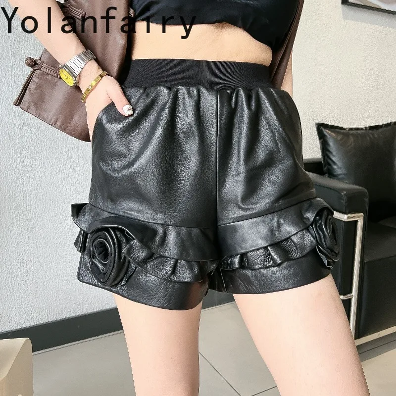 YOLANFAIRY Real Sheepskin Wide Leg Pants Women Elastic Waist Cropped Ruffle Hem Real Leather Casual Trousers Black Shorts 2026