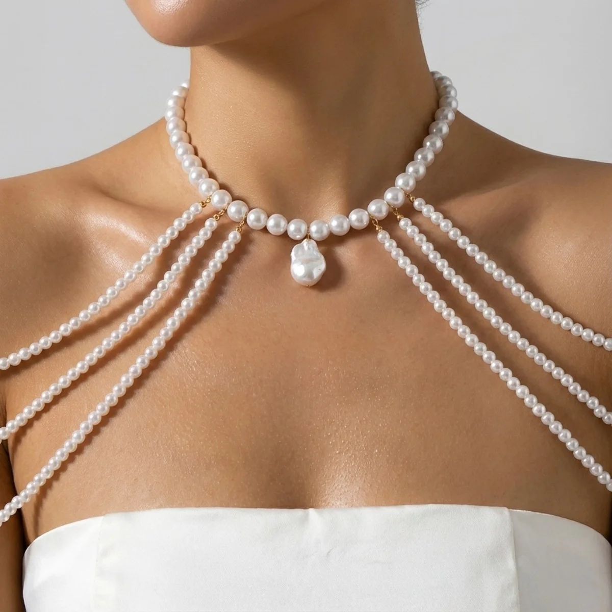 Imitationsperlen-Schulter-Choker-Halskette für Damen, elegante mehrschichtige Perlen-Quasten-Körperkette, schicker Sommer-Hochzeits-Körperschmuck – Detail 17