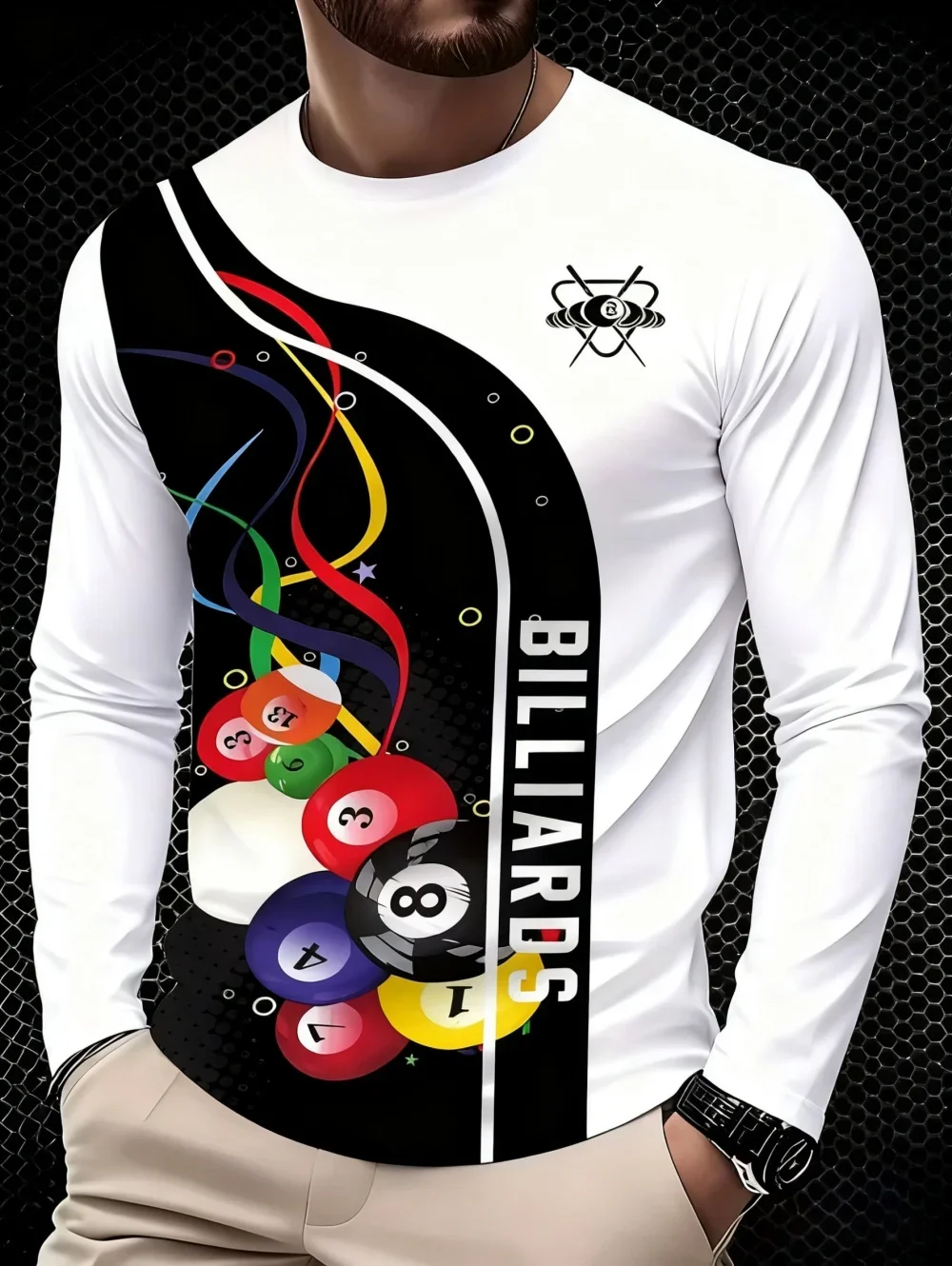 Men Billiards Long Sleeve T‑Shirt Pool Cue Ball 3D Print Green Black Splicing Sports Casual Daily Autumn Tee Tops