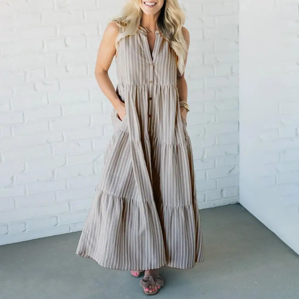 Spliced Casual Dress Striped Print Sleeveless Maxi Dress with Side Pockets V Neckline Women's A-line Summer Dress