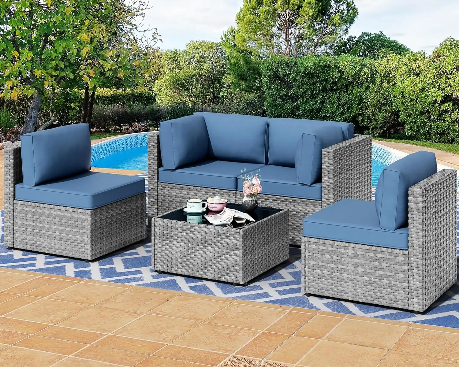 

5 Pieces Outdoor Patio Sectional Sofa Couch, Silver Gray PE Wicker Furniture Conversation Sets , Poolside, Backyard