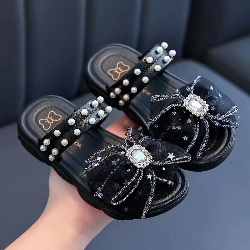 Trendy Cute Rhinestone Pearl Bowknot Decor Slippers For Girls, Breathable Lightweight Wear-resistant Slippers For Indoor Home