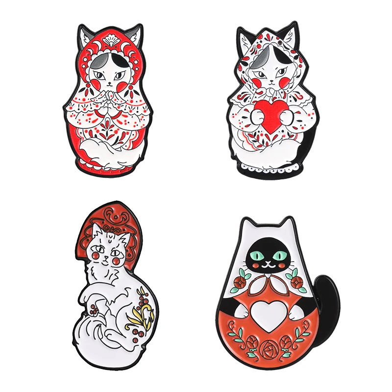 Russian Matryoshka Cat Badge Retro Russian Nesting Doll Cat Red Floral Headscarf Kitten Enamel Pin Bag Lapel Brooch Jewelry Gift