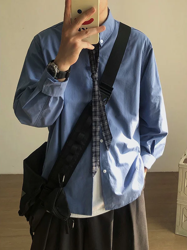 Loose Fit Blue Long Sleeve Men's Shirt Vintage Style Casual Wear Polyester Fiber Non Iron Treatment Daily Wear Youth Fashion