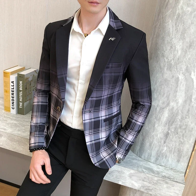 New Colorblock Plaid Suit Jackets Men Slim Casual Man Blazers Wedding Business Party Clothing Dress Coats