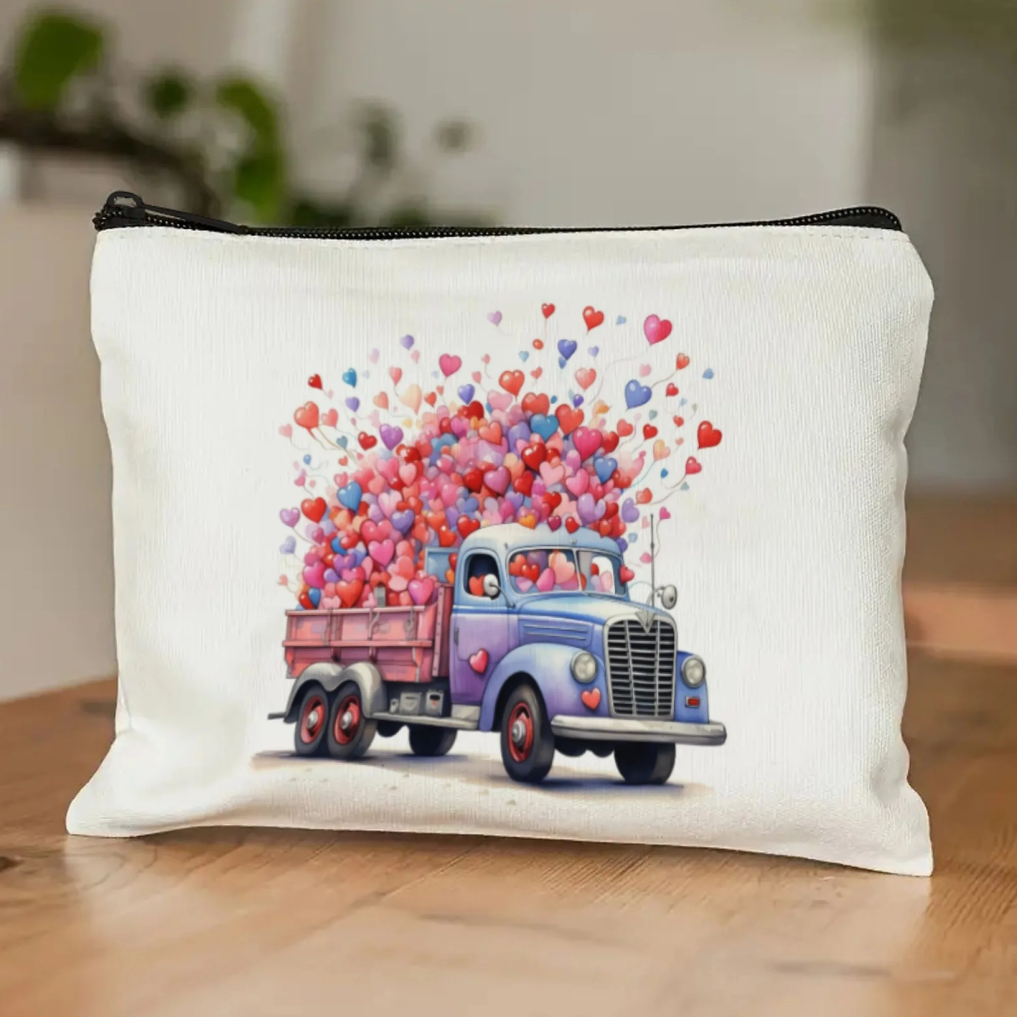 

Romantic Vintage Truck Cosmetic Bag Jewelry Blue Retro Pickup with Heart-Shaped Roses & Balloon Love-Loaded Beauty Organizer