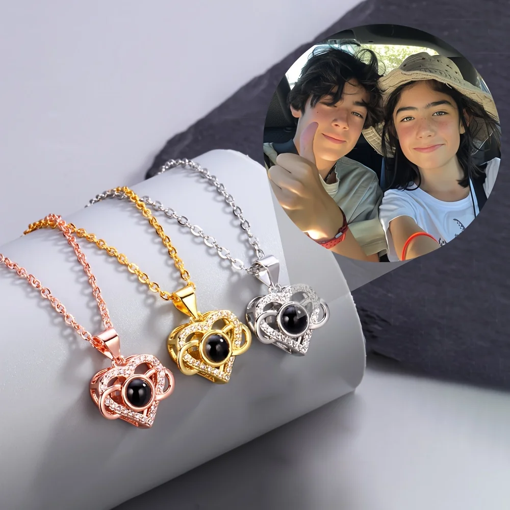 Custom Color Photo Projection Necklace Mobius Strip Heart Zircon Copper Pendant Titanium Steel Chain Girlfriend Romantic Gifts