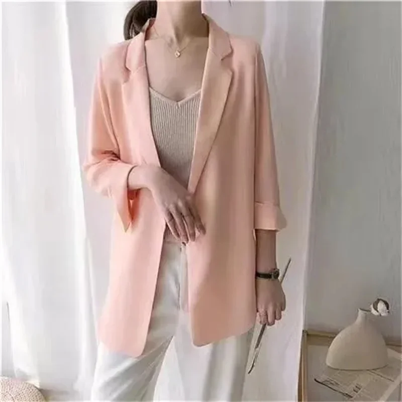 

Chiffon Suit Coat Women's 2024 Summer New Korean Loose White Thin Mid-length Three Quarter Sleeve Sunscreen Shirt Women Blazer