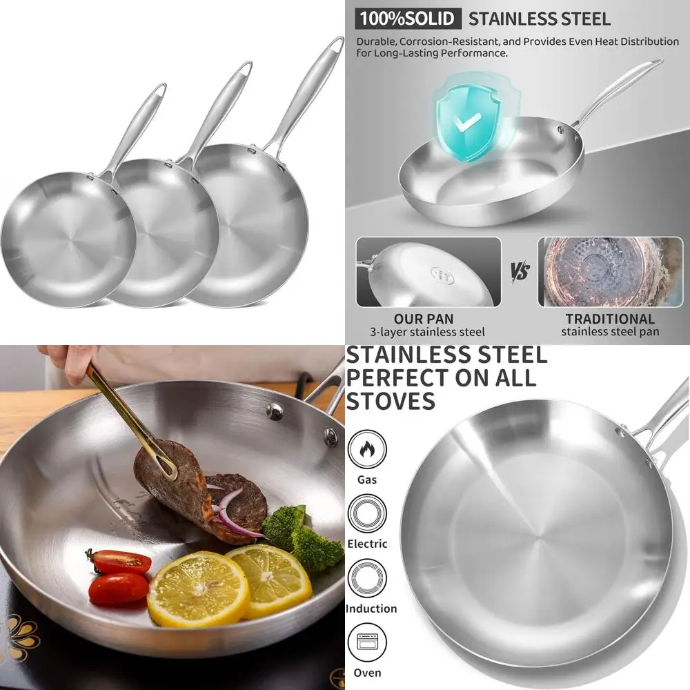 

3-Piece Tri-Ply Stainless Steel Fry Pan Set, 8.5-10-12 Inch, Induction Compatible, Oven & Dishwasher Safe, Riveted Handles