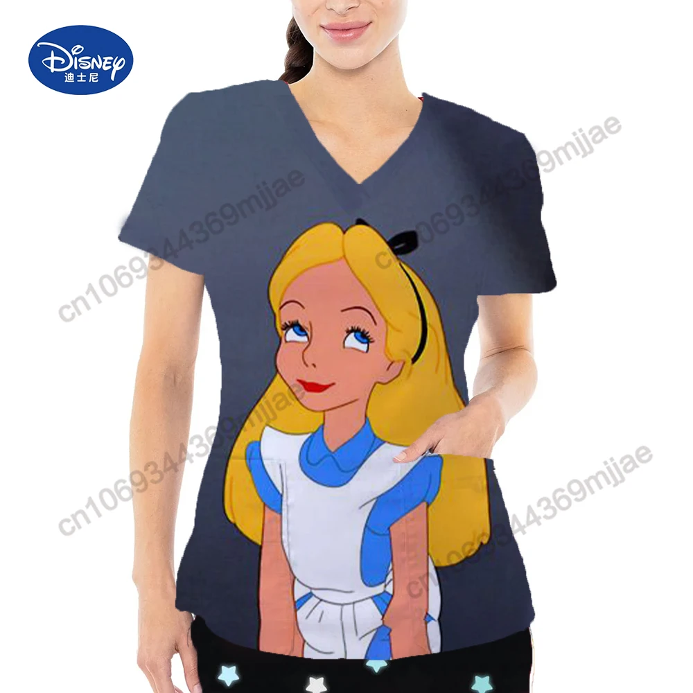 2024 Summer New Pretty Cartoon pattern Double Pocket V-Neck Design Women Clothes Y2k Style Woman T-shirt Comfort nurse\'s uniform